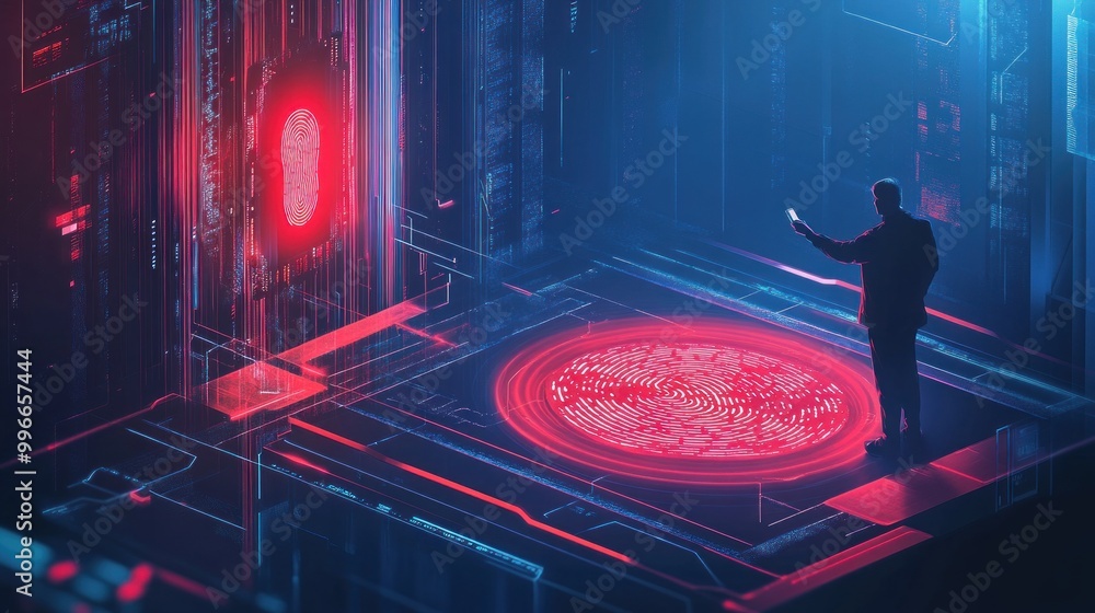 Poster a digital scene depicting a figure interacting with a holographic fingerprint interface.