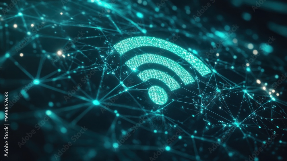 Aufkleber digital representation of a wi-fi symbol amidst interconnected lines and nodes.