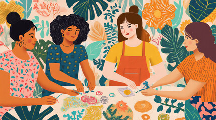 Illustrate a group of people participating in an embroidery workshop or class.Show the collaborative and learning aspects of embroidery,with participants working on their projects and sharing techniqu