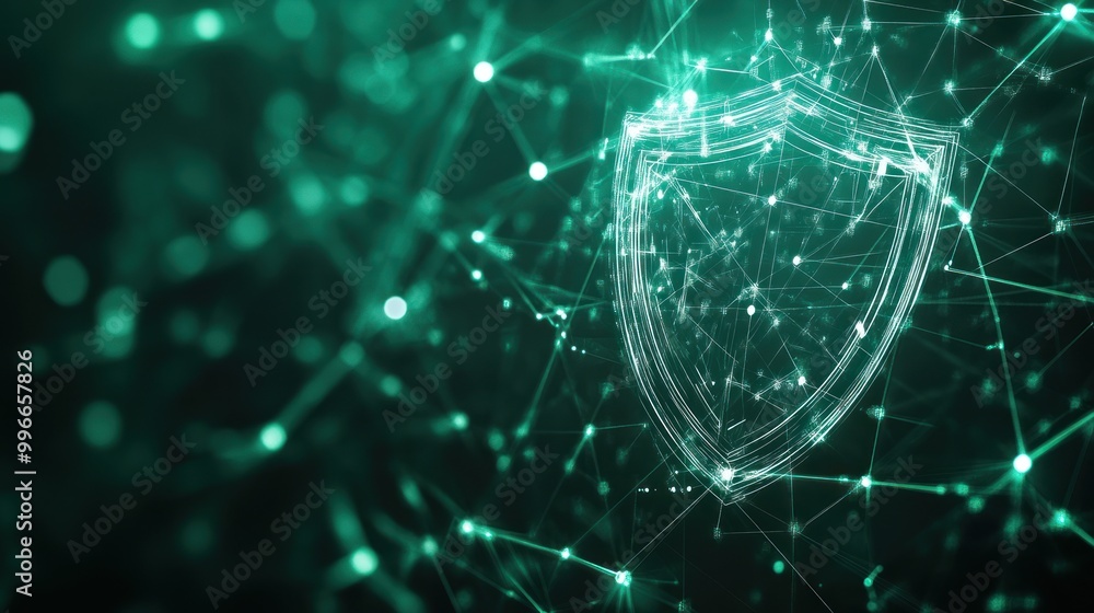 Poster a digital shield symbolizing cybersecurity amidst a connected network.