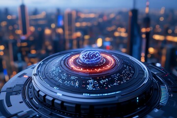 Futuristic representation of the human Endocrine System, where hormones are controlled by a central AI hub in a futuristic cityscape