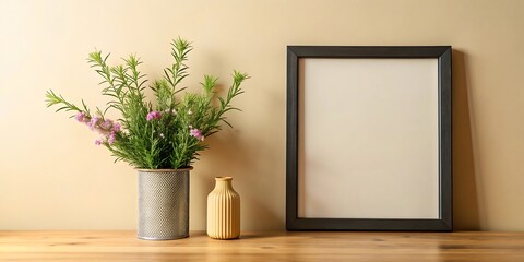 Blank Wooden Black Picture Frame Mockup on Pastel Background – Simple Minimalist Design