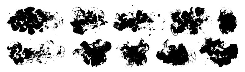 Vector black paint, ink blots, drops,splatters. Grunge  textures. Rough silhouettes. Dirty overlays.