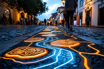 Futuristic transformation of AlcobaÃ§a, where old cobblestone streets are enhanced with digital pathways and glowing signage