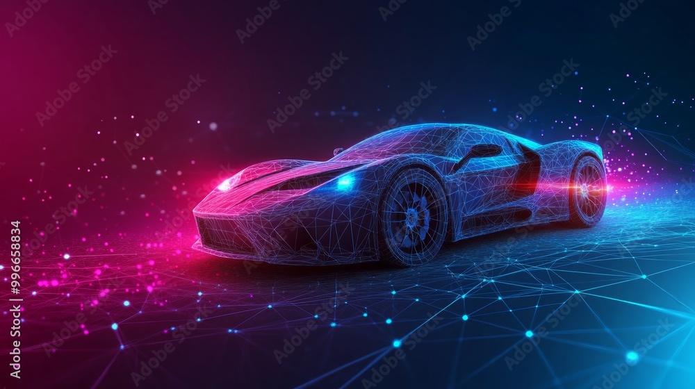 Aufkleber sports car with polygon lines on abstract background. low poly polygonal space with connecting point