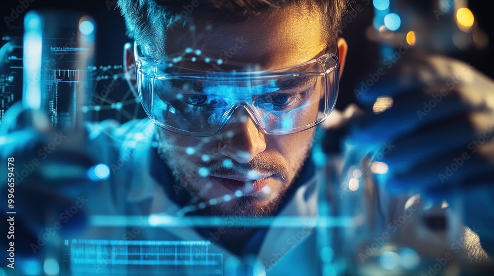 Poster a focused scientist conducts experiments with lab equipment and digital data visualization.