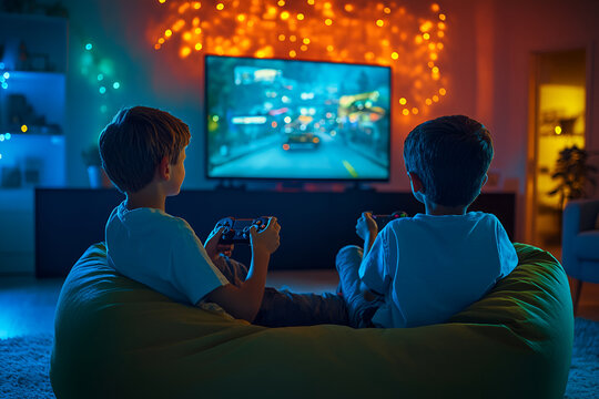 Two boys playing video games on a large screen while sitting on a bean bag in a cozy room with colorful lighting - Powered by Adobe