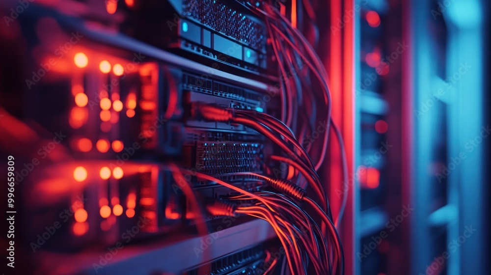 Poster close-up of server racks with illuminated cables, showcasing a data center environment.