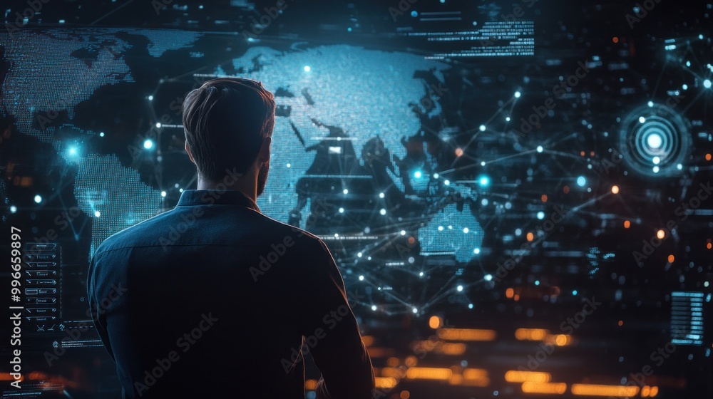 Poster a person observes a digital world map with interconnected data points and technology visuals.