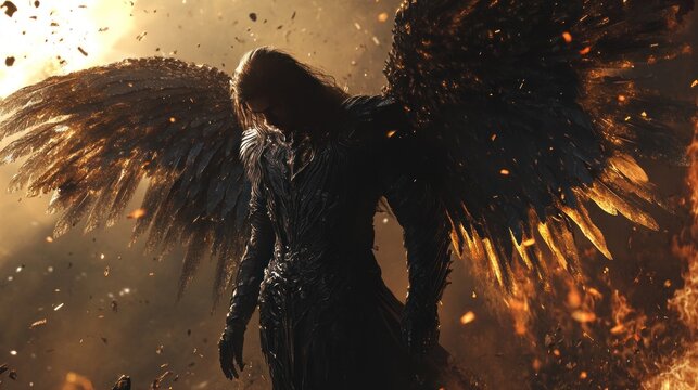 A dark angel with large black wings stands amidst glowing embers.