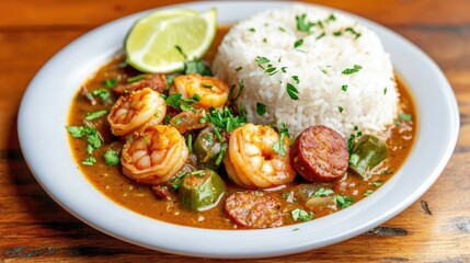 Delicious shrimp gumbo with sausage, rice, and fresh lime garnish, perfect for food lovers and culinary enthusiasts.
