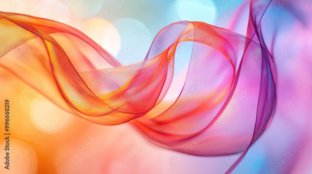 Aufkleber Dynamic twisted plastic wraps with an abstract design against a blurred colorful background