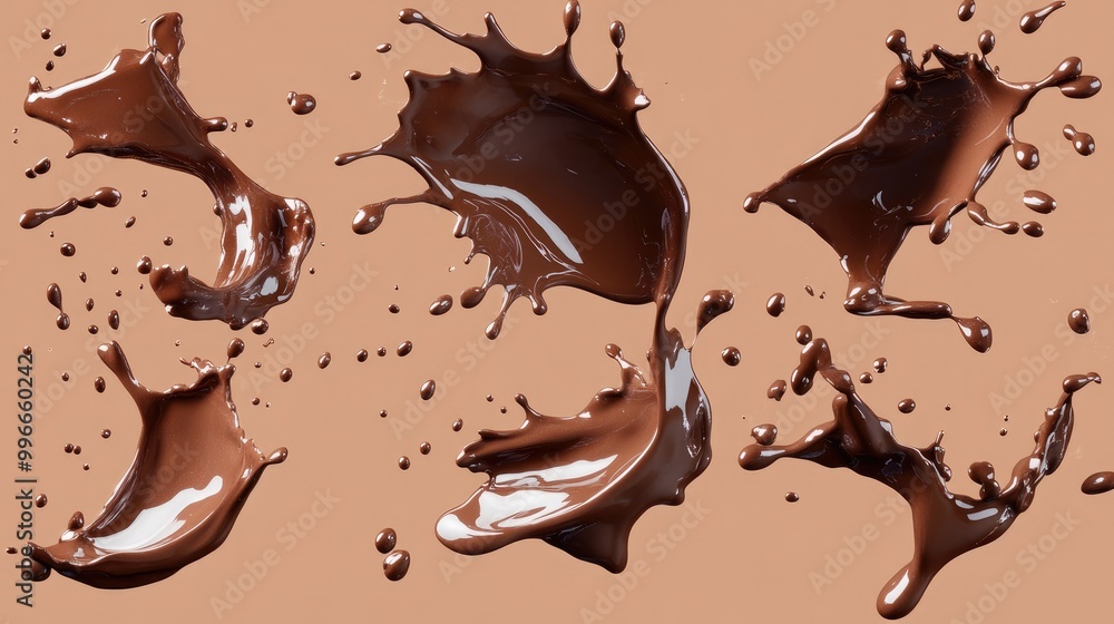 Poster collection of delectable splashes of melted chocolate isolated on a contrasting background