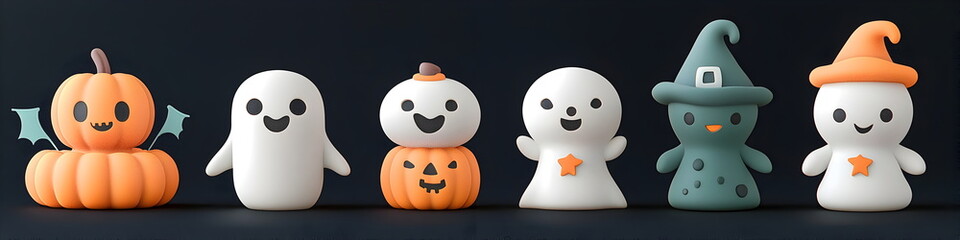 widescreen, panorama of A vector set of a happy Halloween costume 3d clay design, with space to text and decor by a gift box and assets in a Happy Halloween concept, adorable and festive