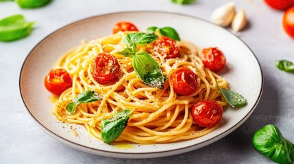 Delicious spaghetti topped with fresh tomatoes and basil, perfect for a savory meal or Italian cuisine inspiration.