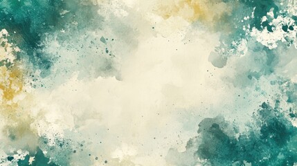 Abstract watercolor background featuring aqua ivory and emerald hues with cloudy skies vibrant splatters borders and irregular shapes