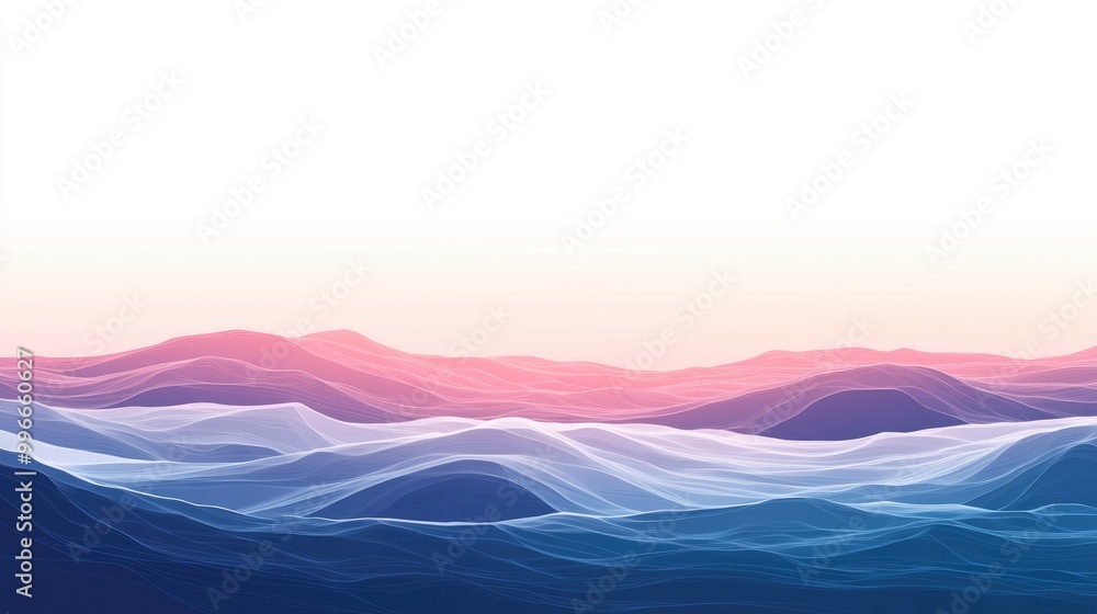 Poster gradient sunset over ocean waves set against a white background