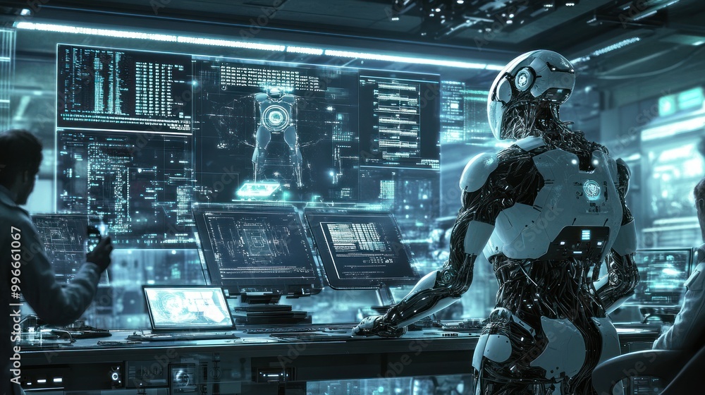 Poster a futuristic scene featuring a robot analyzing data in a high-tech environment.