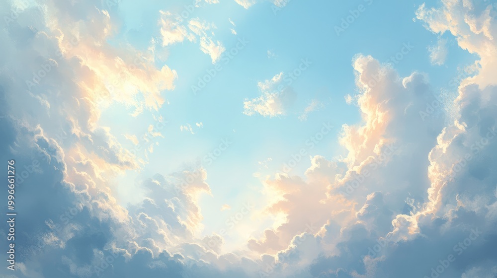 Poster Soft sunlight streams through delicate clouds in a serene evening sky
