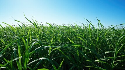 Fototapeta premium Lush green grass field blowing in the wind under a clear blue sky.