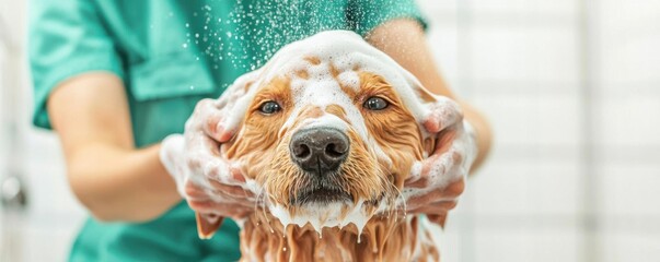 Dog being bathed with foamy shampoo in a grooming salon environment.