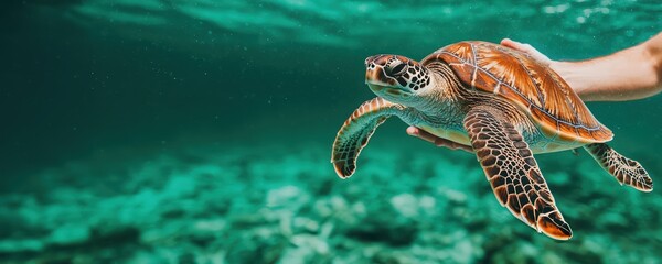 A scientist releasing a tagged sea turtle into clean waters