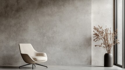 This contemporary living room features a chic accent chair set against a large gray mockup wall, complemented by a stylish vase of dried flowers by the window