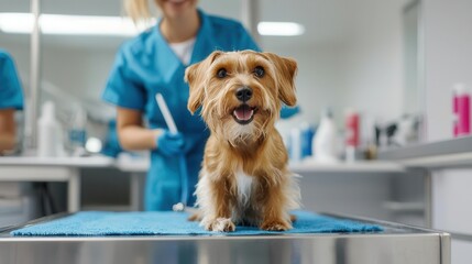 Happy dog on veterinary table, smiling, with a vet in the background.