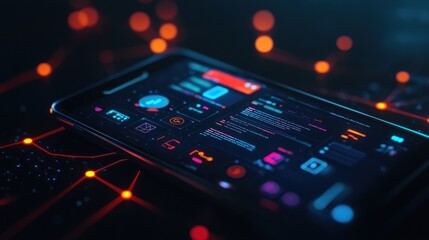 A smartphone displaying a futuristic user interface with vibrant colors and data visualizations.