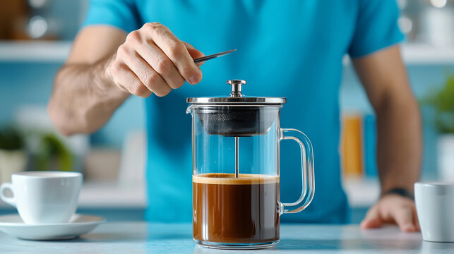 man brewing coffee in a French press