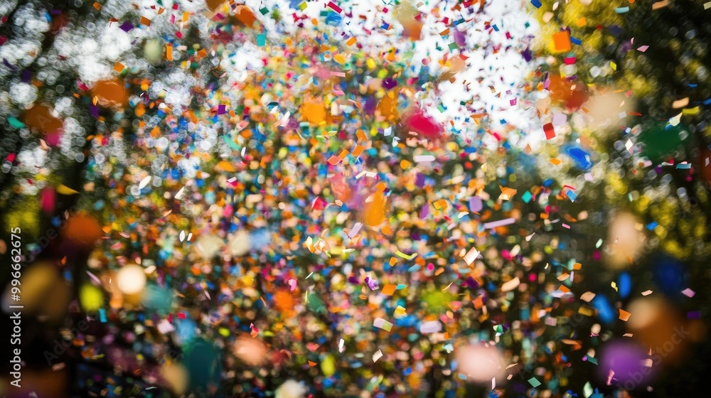 Poster Soft focus colorful confetti cascading in the background