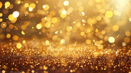 Golden bokeh lights on a glowing background. Festive and celebratory concept.