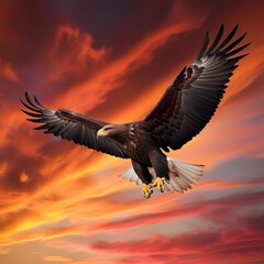 Fototapeta premium This breathtaking photograph captures the dramatic beauty of an eagle soaring against a stunning sunset sky.