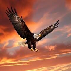 Obraz premium This breathtaking photograph captures the dramatic beauty of an eagle soaring against a stunning sunset sky.