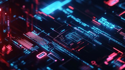 Obraz premium Abstract digital circuit board with glowing lines and patterns in blue and red.