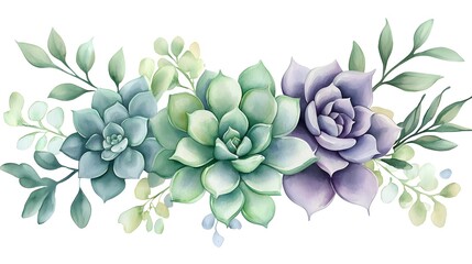 A cluster of watercolor succulents in varying shades of green and purple