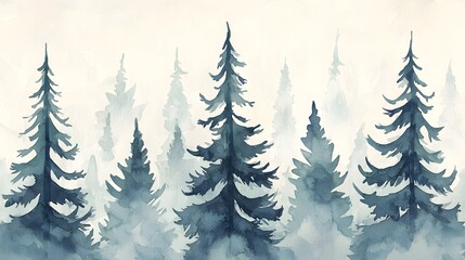 Obraz premium A serene watercolor illustration of pine trees shrouded in mist, evoking tranquility and a connection to nature.