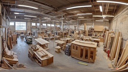 A spacious woodworking shop filled with various wooden materials and tools for crafting.