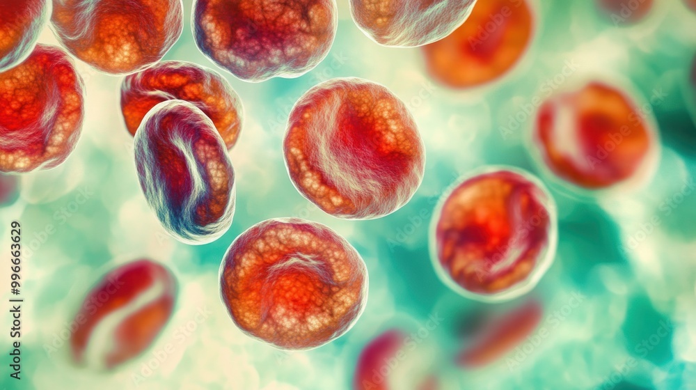 Poster a close-up view of colorful cells, illustrating biological structures and processes.