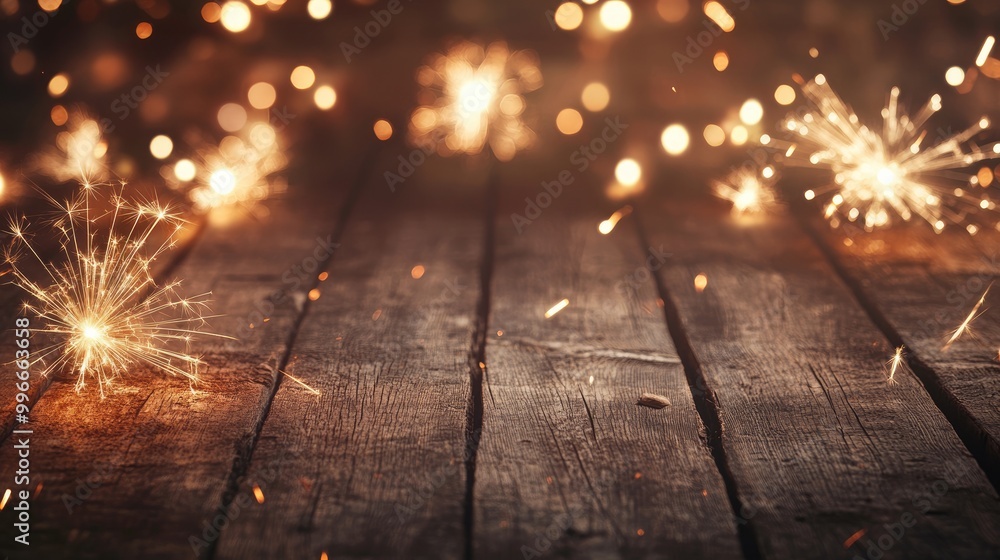 Poster Festive background featuring a frame of sparklers and shimmering bokeh lights on a rustic wooden texture offering space for text