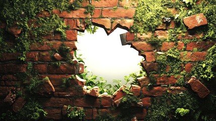 white hole breaking through old mossy red ceramic brick wall