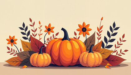 Naklejka premium Illustration of pumpkins and autumn flowers with leaves on a light background