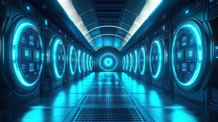 Futuristic server room with glowing blue lights and digital displays.