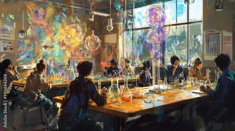 Poster a vibrant science classroom with students engaged in experiments and colorful visual effects.
