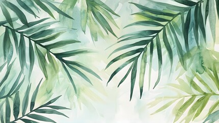 Abstract watercolor palm leaves, layered in rich greens with bold strokes