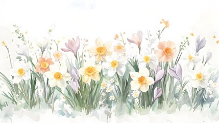 Obraz premium Bouquet of springtime flowers, featuring daffodils and crocuses in pastel watercolors