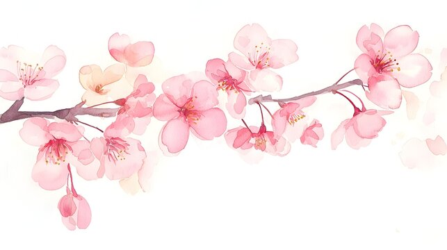 Blossoming cherry tree branches painted in soft watercolor hues