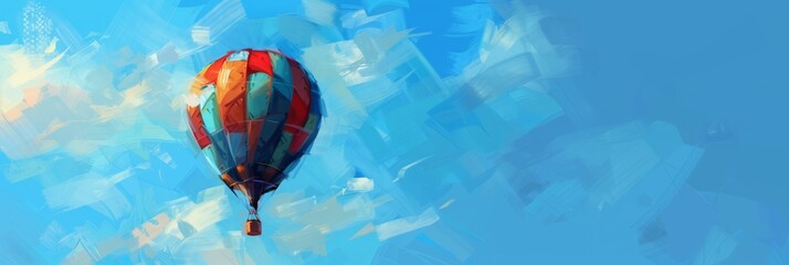 Fototapeta premium Floating high in a clear blue sky, a colorful hot air balloon offers a bright and tranquil travel experience, perfect for a serene adventure above the clouds, optimism concept, banner