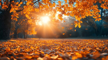 Autumn scene. Fall. Trees and leaves in sun light 