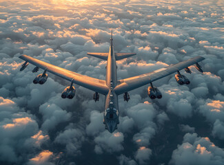 Bomber soaring over clouds at sunset